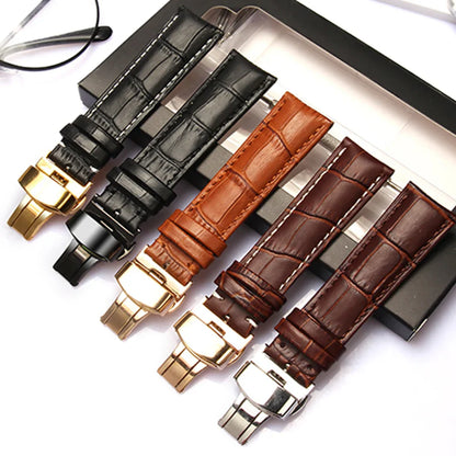 Genuine Leather Watch Strap with Wooden Box – Butterfly Clasp Bracelet 18-24mm Wristband