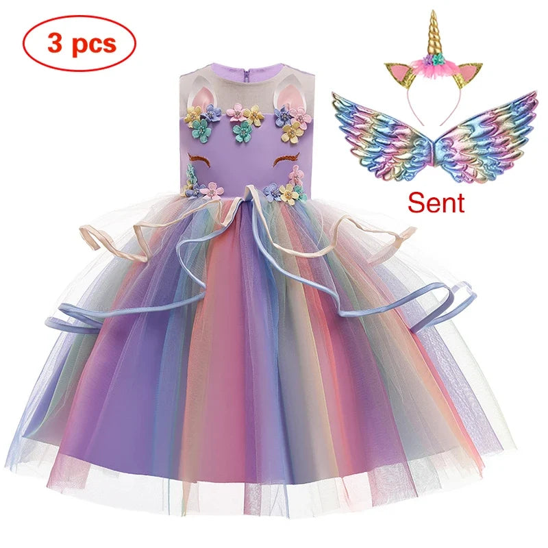 Girls’ Unicorn Princess Dress - Flower Cake Costume for Carnival, Halloween & Performances Ages 1–10