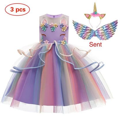 Girls’ Unicorn Princess Dress - Flower Cake Costume for Carnival, Halloween & Performances Ages 1–10