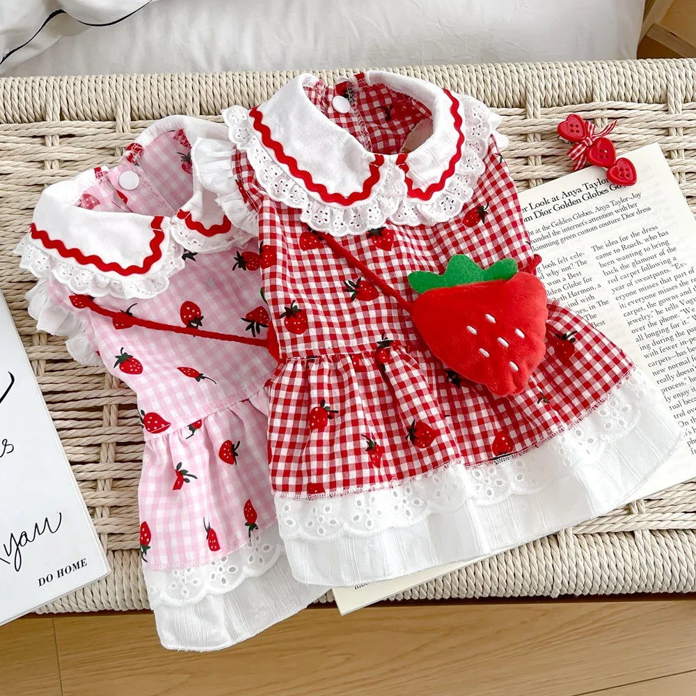 Strawberry Plaid Summer Dress for Dogs – Cute Puppy & Small Dog Apparel for Yorkie, Chihuahua, Pugs, and Small to Medium Pets