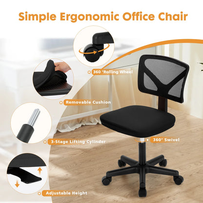 Mesh Armless Office Chair – Low Back with Lumbar Support, Adjustable Height, 360° Swivel & Wheels