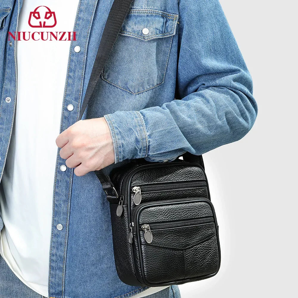 Men’s Genuine Leather Crossbody Bag – Small Outdoor Casual Bag for Motorcycle and Daily Use