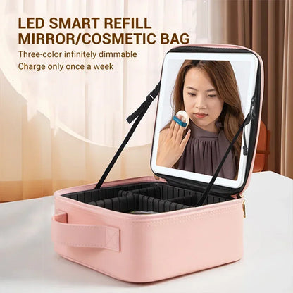 LED Lighted Cosmetic Case with Mirror - PU Leather Portable Travel Makeup Bag - Waterproof Makeup Storage