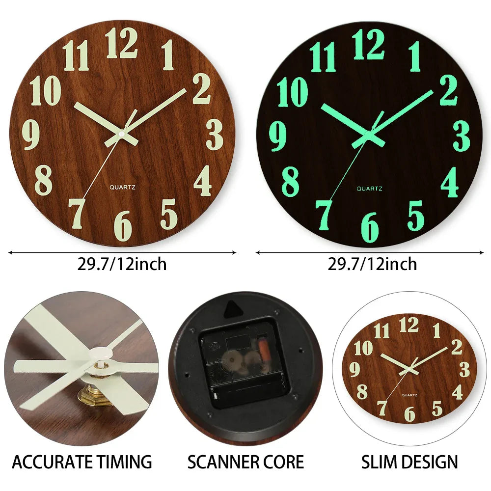 12-Inch Luminous Wall Clock — Nordic Wooden Silent Clock with Night Light, Non-Ticking Design for Dark Room