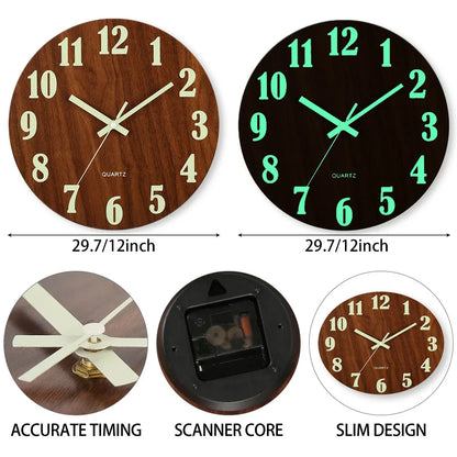 12-Inch Luminous Wall Clock — Nordic Wooden Silent Clock with Night Light, Non-Ticking Design for Dark Room
