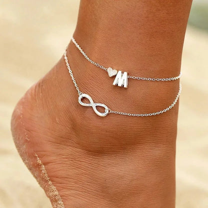 Bohemia A-Z Letter Initial Anklet for Women - Silver Heart Initial Anklet Bracelet, Beach Party & Travel Foot Jewelry