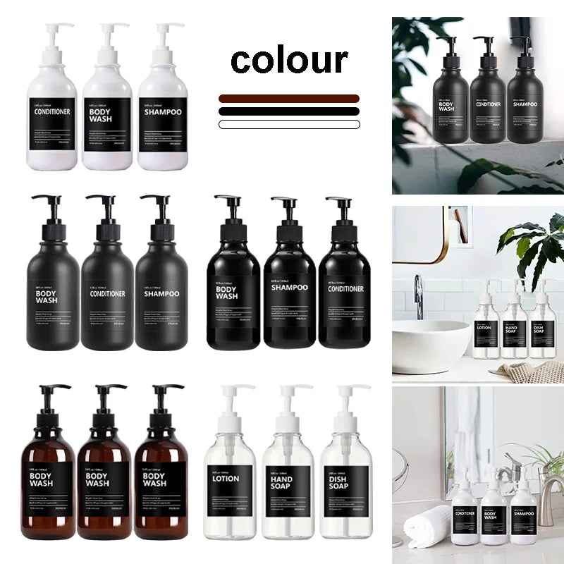 3 Pack 500ml Soap Dispenser Bottles with Labels – Kitchen & Bathroom Shampoo, Conditioner, Liquid Soap Containers
