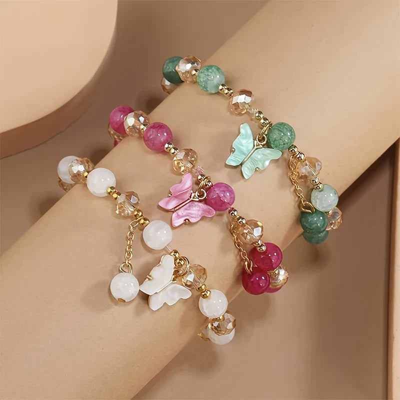 Purple Butterfly Charm Bead Stretch Bracelets – Multi-Color Crack Faceted Beads, Cute Jewelry Gift for Women & Girls