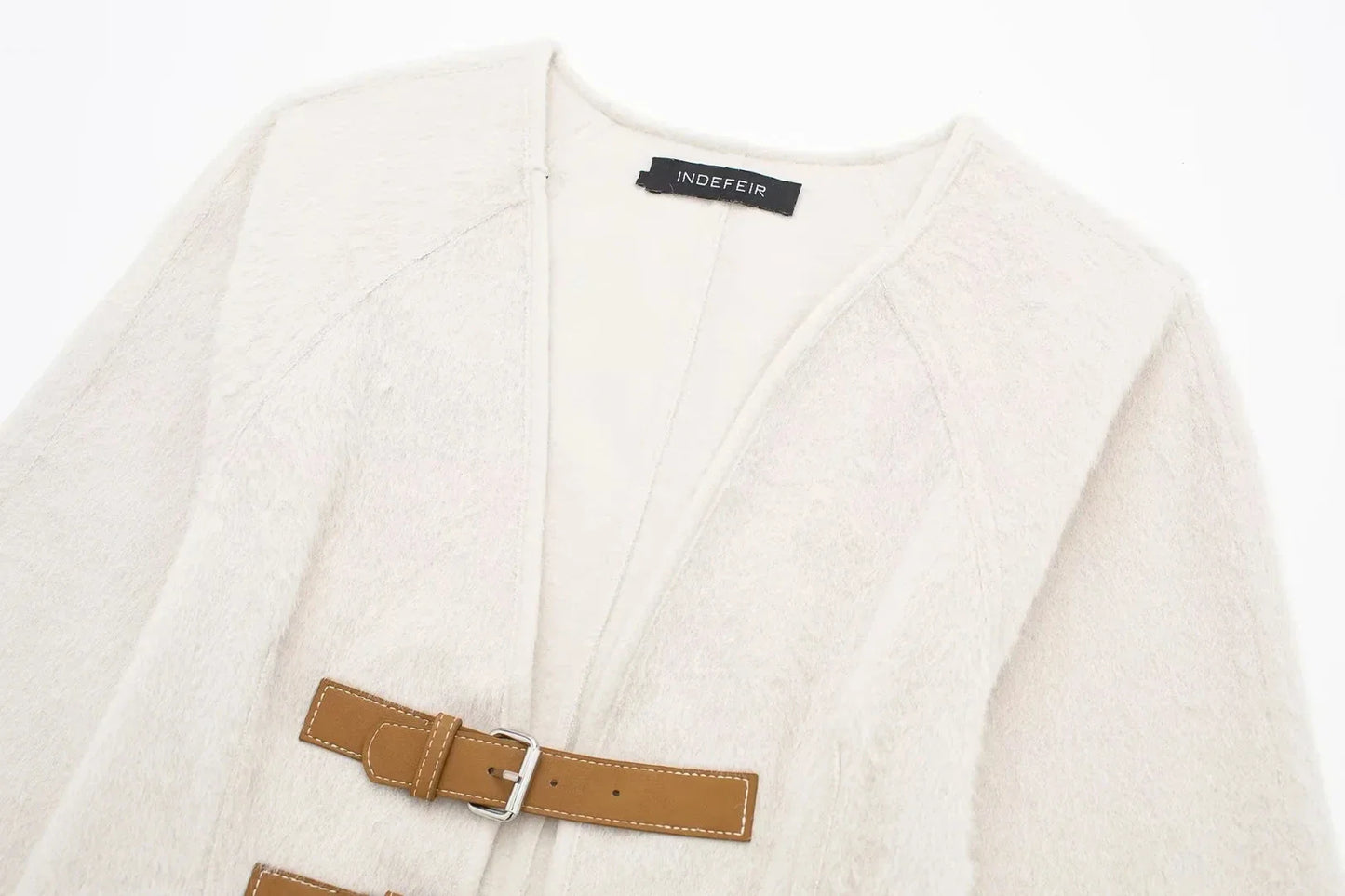 TRAFZA Women’s Retro Leather Buckle Woolen Coat – Fashion Solid V-Neck Beige Jacket, Autumn Spring Streetwear