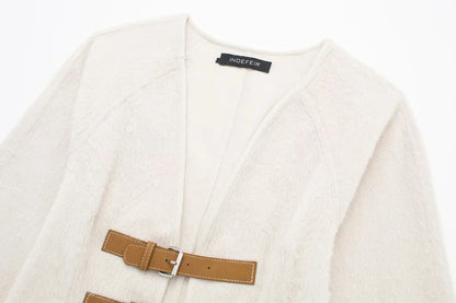 TRAFZA Women’s Retro Leather Buckle Woolen Coat – Fashion Solid V-Neck Beige Jacket, Autumn Spring Streetwear