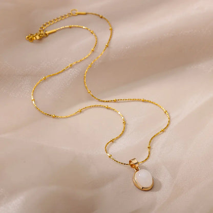Fashion Opal Oval Necklace for Women – Gold Stainless Steel Pendant, Aesthetic Wedding Jewelry Gift