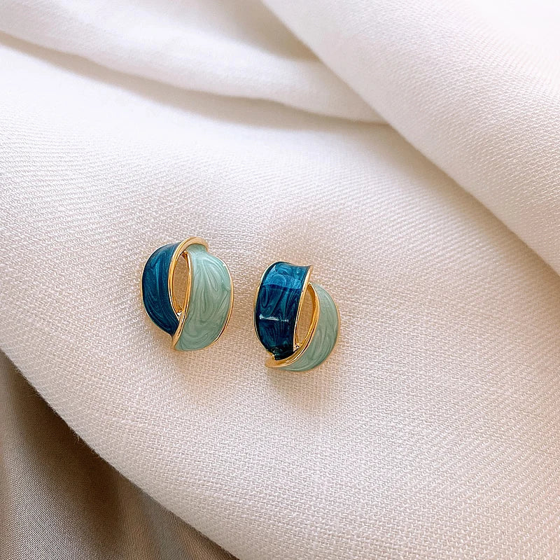 Korean Double Arc Enamel Stud Earrings – Blue Geometric Jewelry for Women