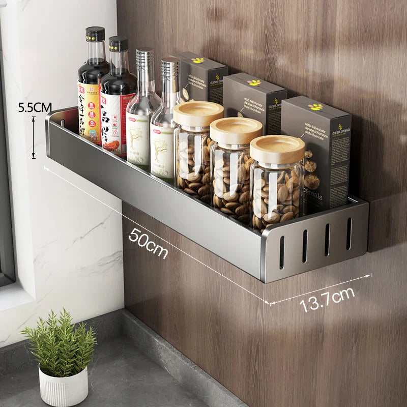 Wall-Mounted Kitchen Spice Rack Organizer with Hanging Hooks – Kitchen Storage Shelf for Condiments