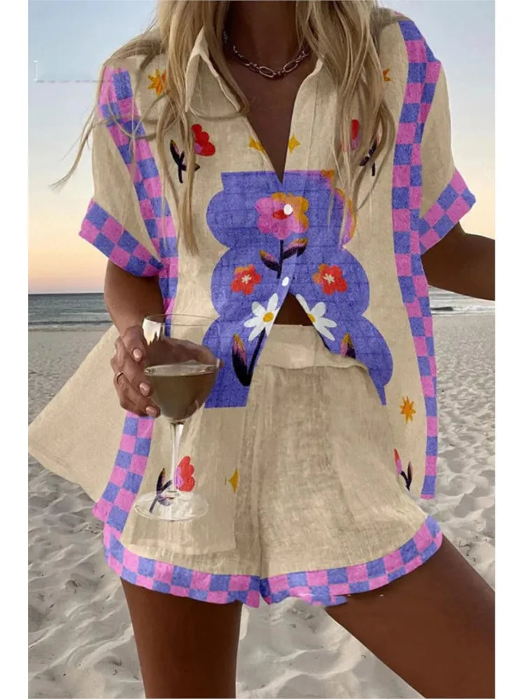 Women’s Summer 2-Piece Set – Lapel Short-Sleeve Shirt & Shorts, Elegant Loose Printed Outfit