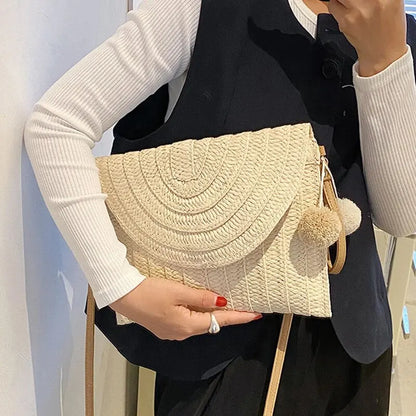 Handmade Straw Beach Bag – Small Woven Summer Shoulder Crossbody Clutch with Hair Ball