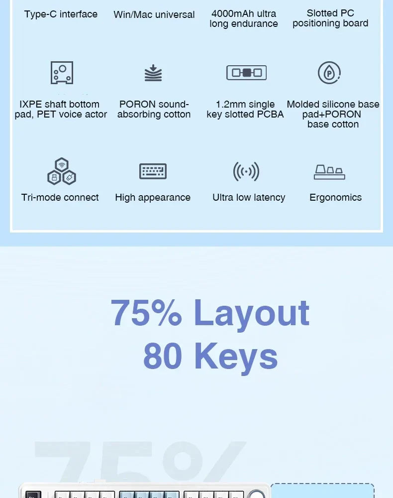 AULA F75 75% Mechanical Gaming Keyboard – 2.4G Wireless, Bluetooth, Wired, RGB, OEM Profile, Gasket Structure
