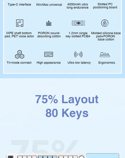 AULA F75 75% Mechanical Gaming Keyboard – 2.4G Wireless, Bluetooth, Wired, RGB, OEM Profile, Gasket Structure