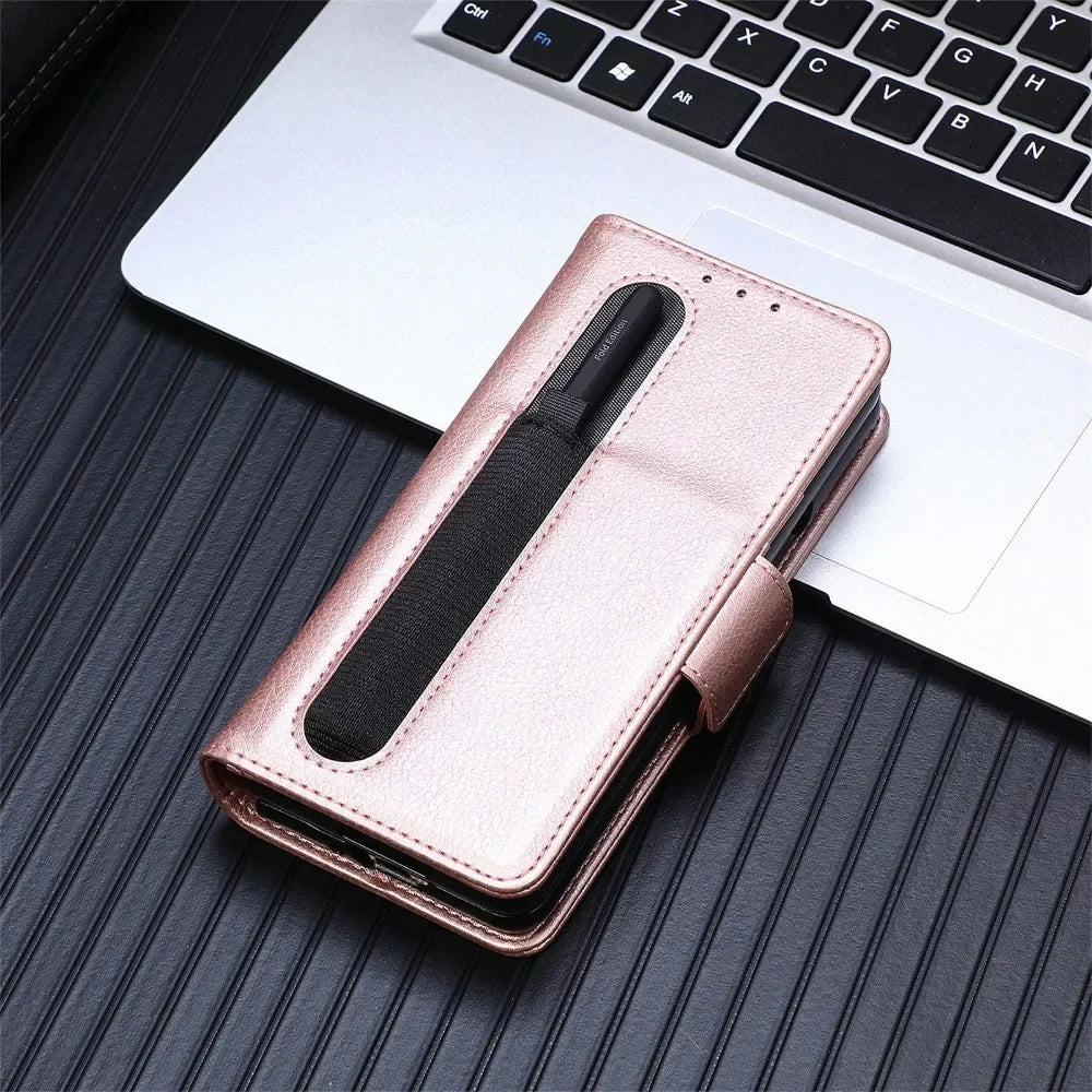 PU Leather Card Holder Case with Pen Slot for Samsung Galaxy Z Fold 6/5/4/3 – Slim Back Cover (No Pen)
