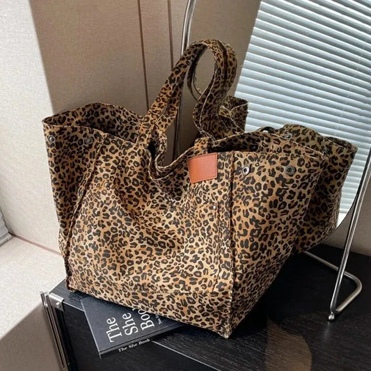 Leopard Pattern Tote Bag - Vintage Canvas Shoulder Bag, Large Capacity Handbag for School, Work, and Shopping