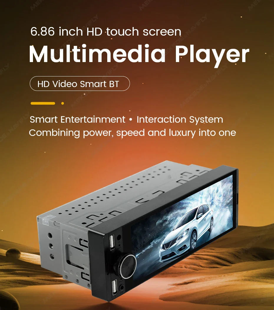 1DIN Universal 6.86" MP5 Car Radio – Wireless CarPlay Android Auto Multimedia Video Player with AUX, USB, SWC, Bluetooth & Touchscreen