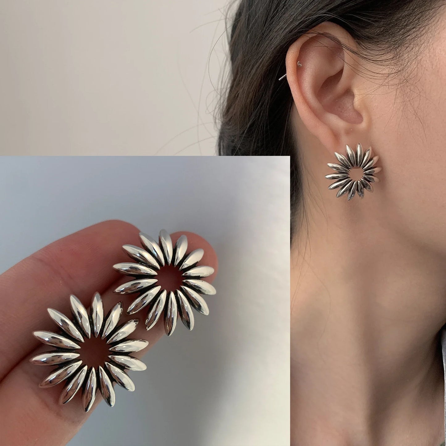 PANJBJ925 Sterling Silver Hoop Earrings - Frosted Geometric Design Fashion Jewelry Gift for Women