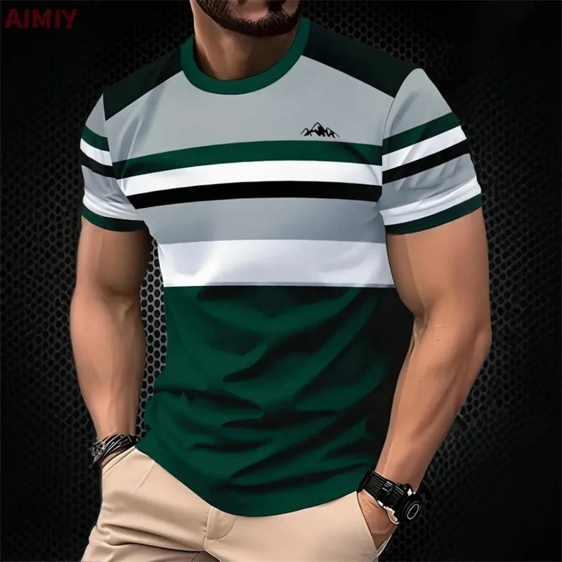 Men’s Striped Print Summer T-Shirt – Casual Round Neck Short Sleeve Outdoor Fashion Tee Shirt