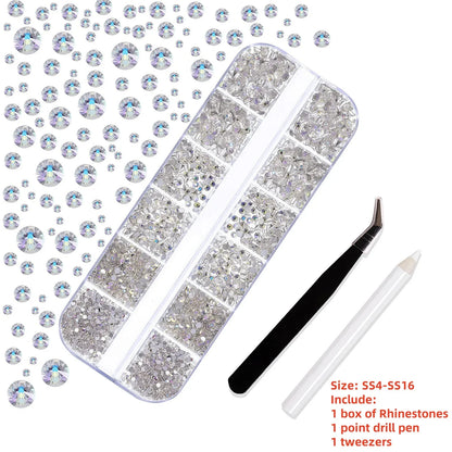 12-Grid 3D Glass AB Crystal Nail Art Rhinestones Kit – Flatback Round Beads with Tools for Nail Jewelry & Diamond Decoration