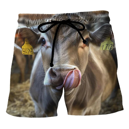 Funny Cow Print Beach Shorts - Men’s 3D Animal Print Summer Swim Trunks