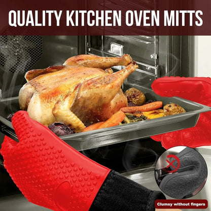 Heat-Resistant Silicone Gloves – Non-Slip Oven Mitts for Kitchen, BBQ, Baking & Cooking with Canvas Stitching