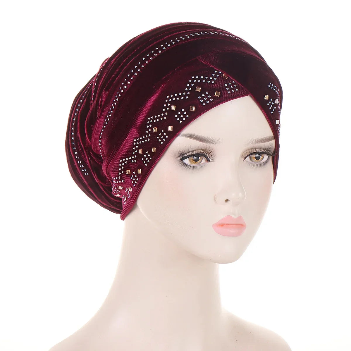 Women’s Glitter Diamond Turban Cap - Soft Velvet Pleated Head Wrap Muslim Headscarf Bonnet Beanie Cap