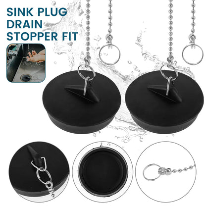 8/2PC Universal Sink Plug — Rubber Drain Stopper with Round Beaded Chain for Kitchen & Bathroom