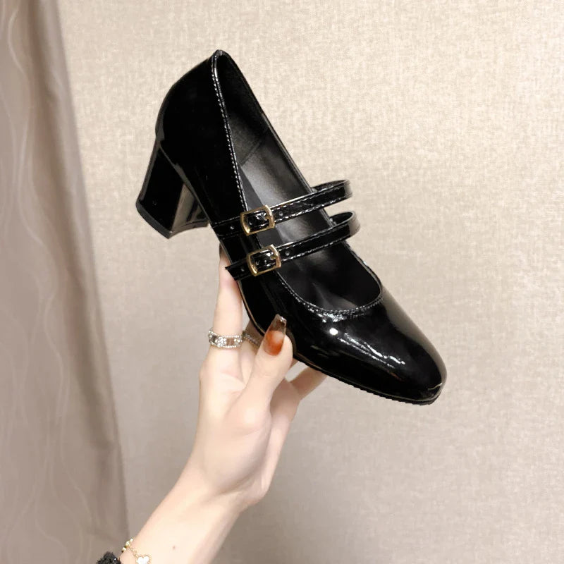 2025 Women’s Double Buckle Leather Shoes – Square Toe & Heel, Solid Color Spring & Autumn Footwear