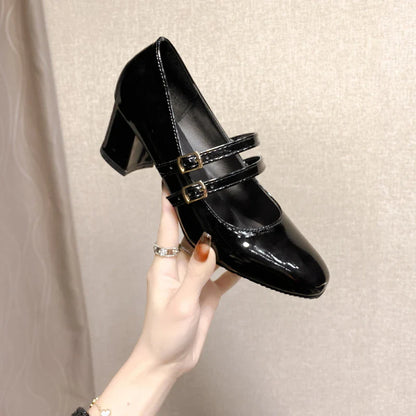 2025 Women’s Double Buckle Leather Shoes – Square Toe & Heel, Solid Color Spring & Autumn Footwear