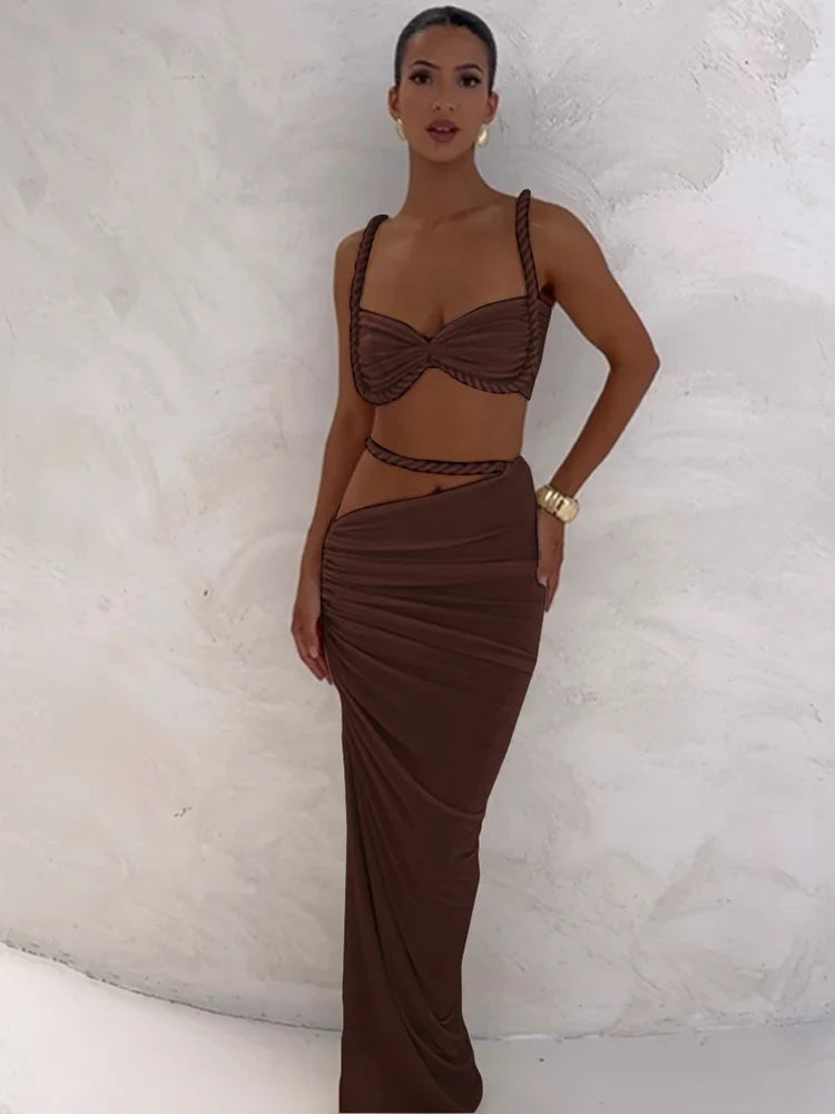 Women’s Woven Two-Piece Vacation Set – Pleated Crop Camisole & High Waist Maxi Skirt Sexy Summer Outfit Matching Set