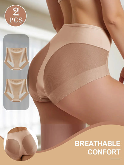 2PCS Women's High Waist Seamless Briefs – Soft Breathable Mesh Underwear in Solid & Contrast Colors