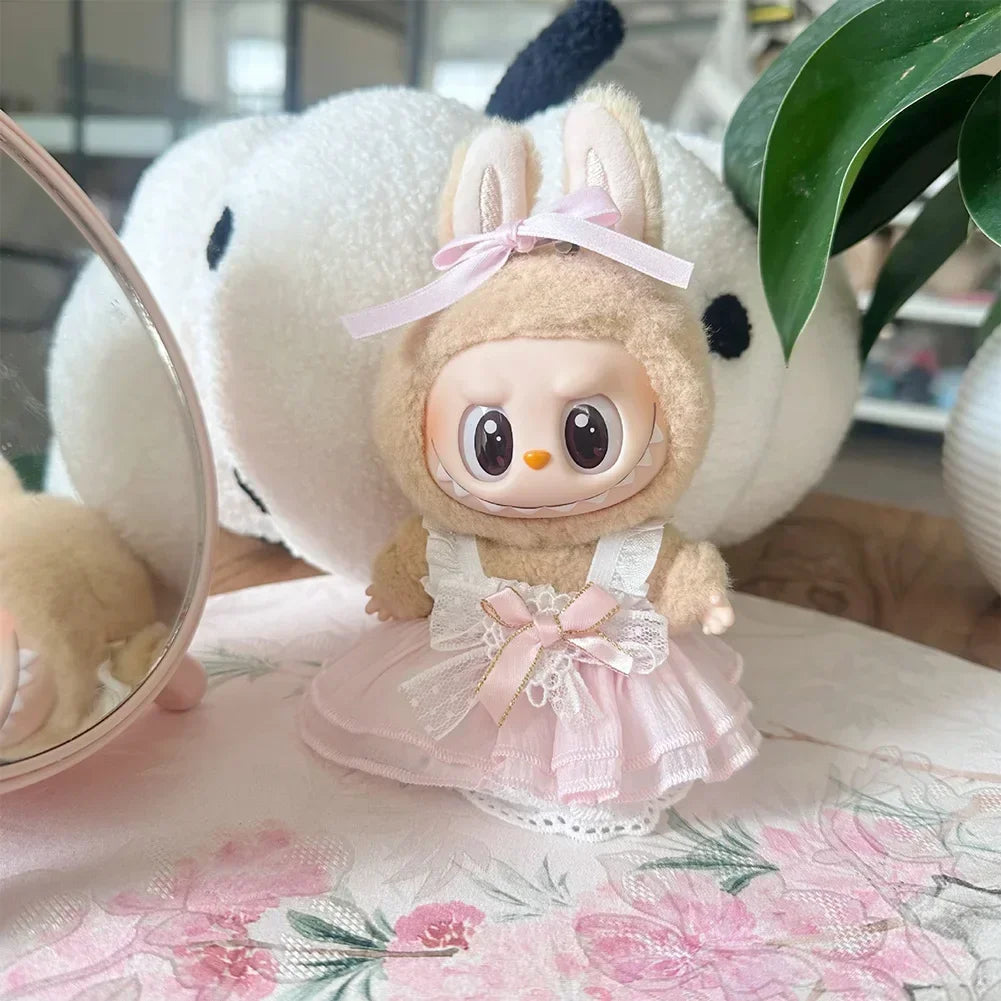 17cm Mini Plush Doll Clothes — Kpop Labubu Idol Outfit with Pink Silk Bow & Princess Gauze Skirt Accessories