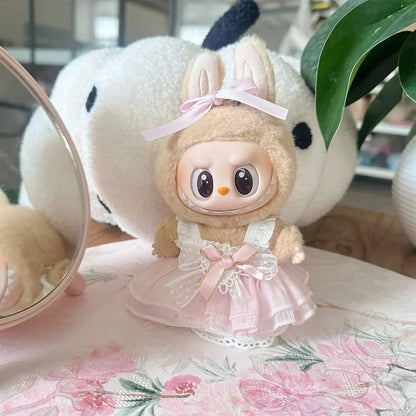 17cm Mini Plush Doll Clothes — Kpop Labubu Idol Outfit with Pink Silk Bow & Princess Gauze Skirt Accessories