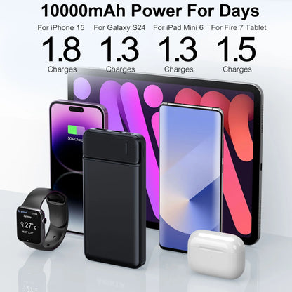 Portable 10000mAh Power Bank – PD 22.5W Battery Pack, Slim Design with 3 Outputs & 2 Inputs