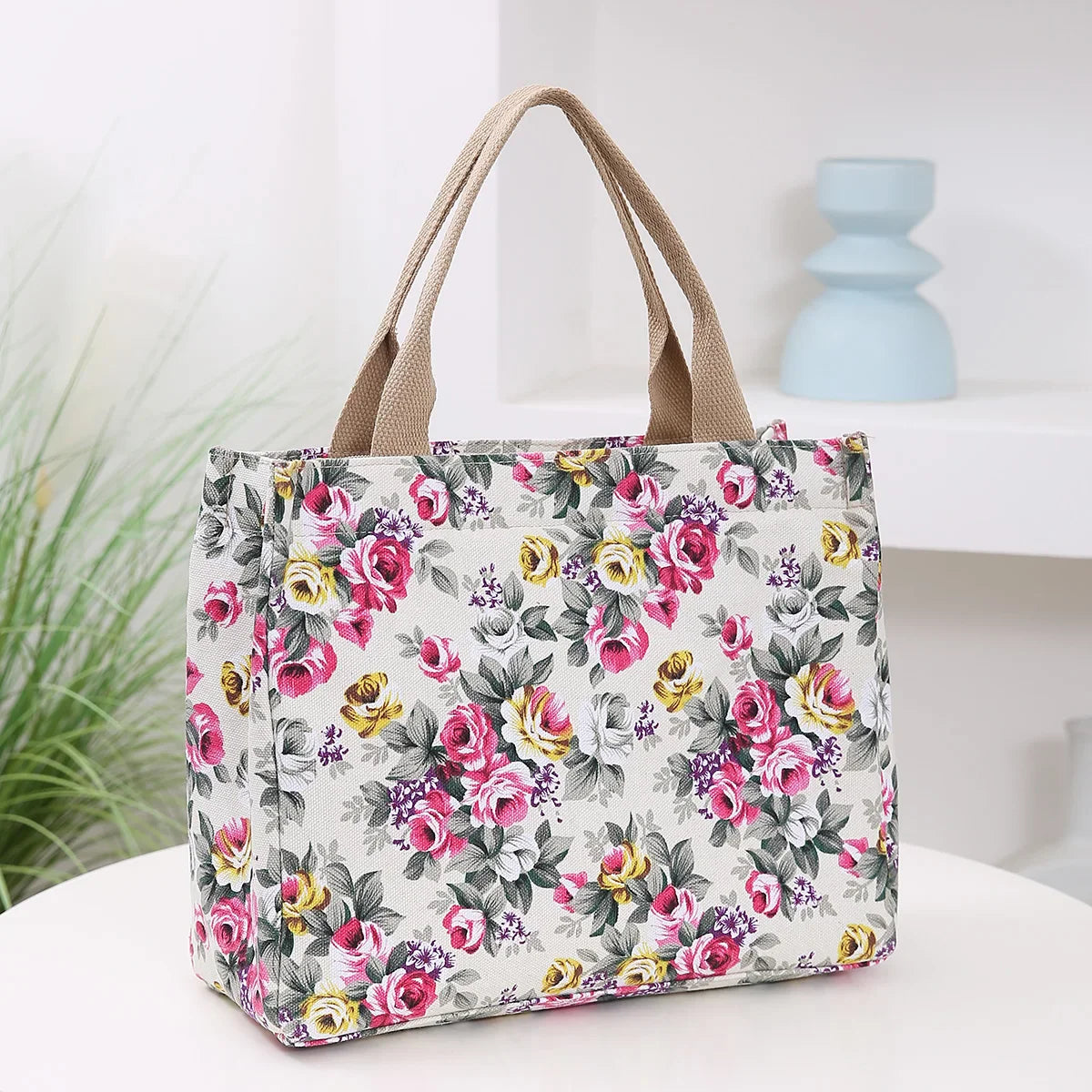 Women’s Floral Print Canvas Tote Bag – Portable Lunch Bag Casual Handbag Bento Mommy Bag for Picnic & Travel