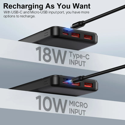 Portable 10000mAh Power Bank – PD 22.5W Battery Pack, Slim Design with 3 Outputs & 2 Inputs