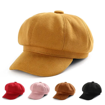 Casual Suede Fabric Hat — Solid Color Adjustable Baker Newsboy Beret Cap