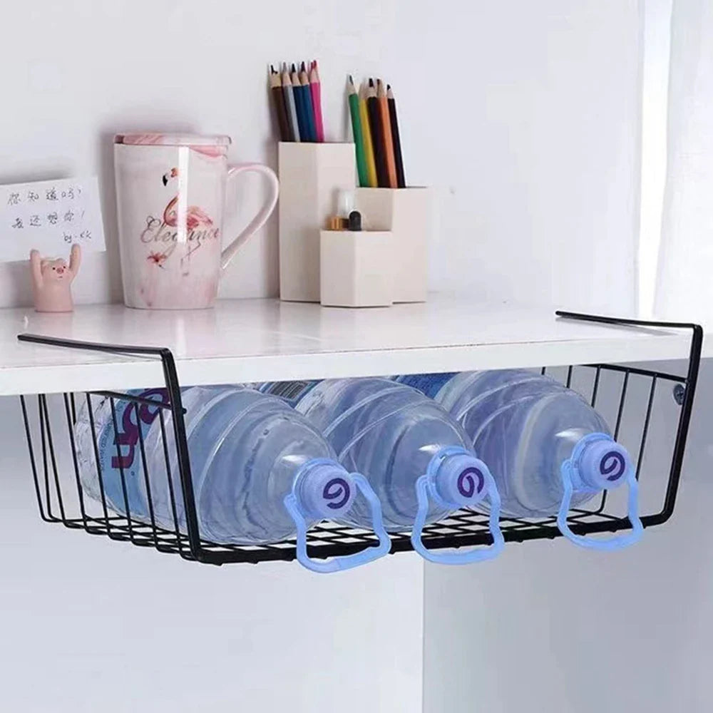 Metal Iron Kitchen Organizer Shelf - Cabinet Storage Rack with Hanging Mesh Basket for Desk, Wardrobe, and More