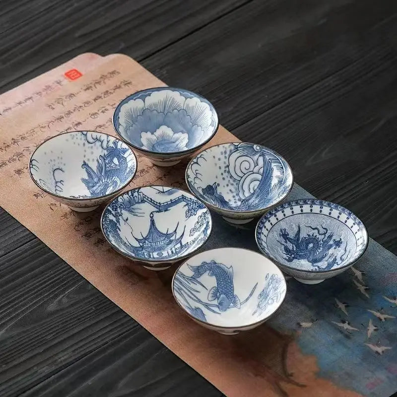 70ML Handmade Blue & White Porcelain Tea Cup – Dragon, Phoenix & Fish Pavilion Design for Chinese Kungfu Tea Ceremony