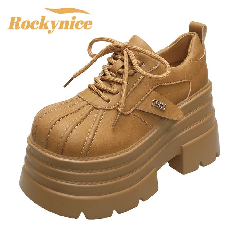 2025 Women’s Leather Sneakers – Spring High Platform Lace-Up Casual Shoes, 10CM Thick Sole Walking Zapatos Mujer