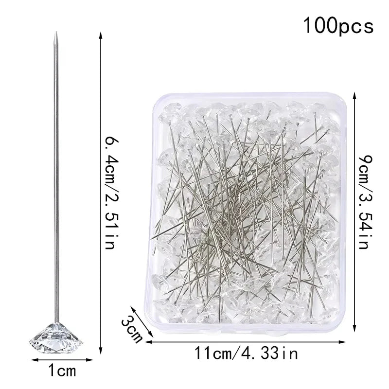 Fenrry 100PCS Diamond Head Pins – Crystal Corsage Sewing Pins, Straight Pins for Dressmaking & Party Decorations with Plastic Box