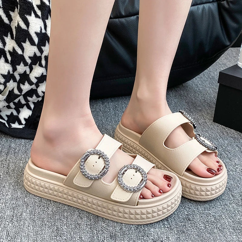Women’s Thick Sole Sandals – Adjustable Strap Flat Flip Flop Open-Toe Beach Slides for Summer Outdoors
