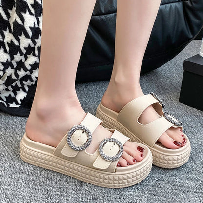 Women’s Thick Sole Sandals – Adjustable Strap Flat Flip Flop Open-Toe Beach Slides for Summer Outdoors