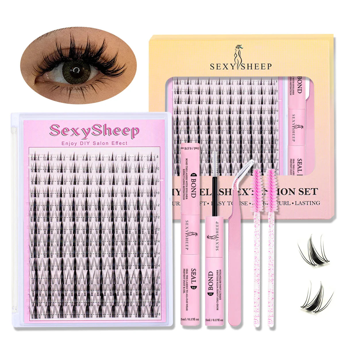 DIY Eyelash Extension Kit – D Curl Natural Lash Clusters Set with Bond, Seal, Remover & Tweezers for False Lash Application