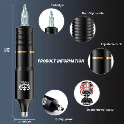 Neebol Wireless Tattoo Machine Kit — Complete Rotary Pen Set with Cartridges, Needles, Ink for Body Art & Valentine’s Gift