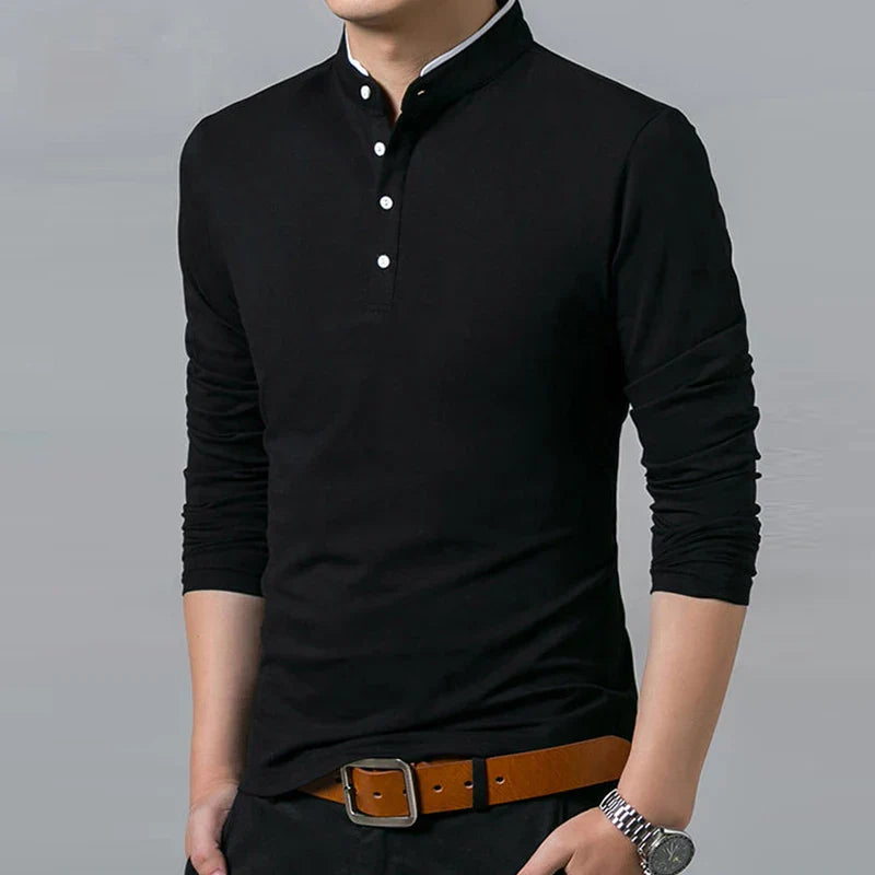 Men's Business Casual Long Sleeve Polo T-Shirt - Comfortable and Breathable Solid Cotton Top for Summer